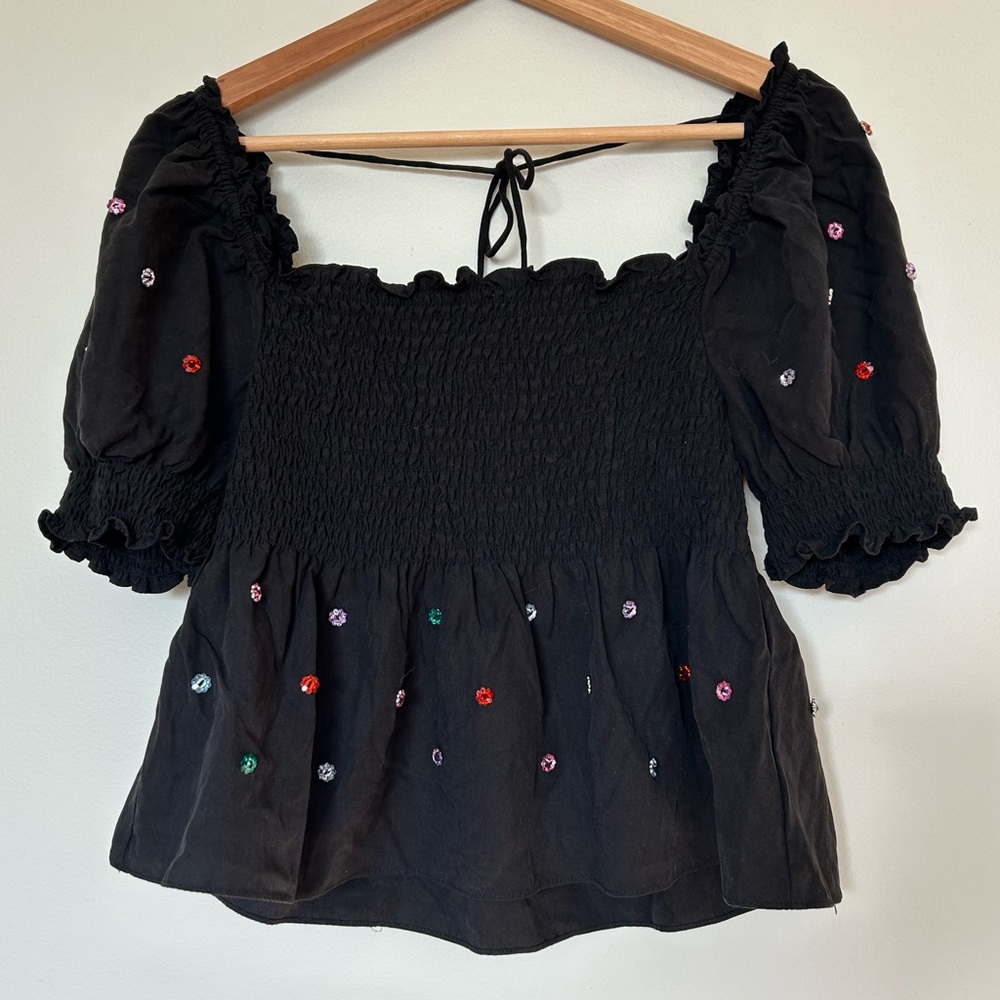 Hill House jewel rhinestone beaded black jammie top